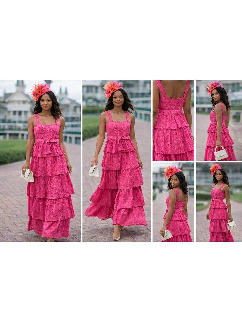 Pink Eyelet Lace Tiered Maxi Dress Size Medium Belted Ruffle Strap Summer Derby